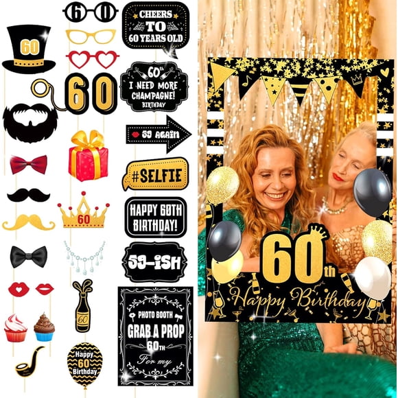 LaVenty 60 Birthday Photo Frame with 60 Photo Booth Props in Black & Gold