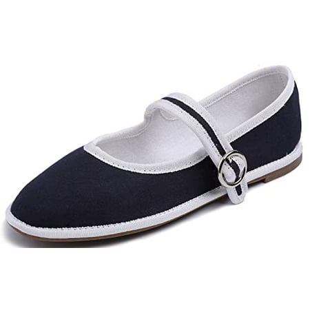 

Feversole Women s Soft Cushion Extra Padded Comfort Round Toe Mary Jane Metal Buckle Fashion Ballet Flats Walking Shoes Navy Canvas Size 6.5 M US