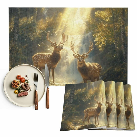 Placemats Set of 4, Forest Deer Place Mats Fantasy Yellow Sunlight Tablemats Washable Placemat Table Decoration for Kitchen Table Dinner Party Home Decor Indoor Outdoor 13x19 Inch