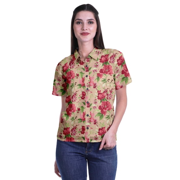 Moomaya Printed Half Sleeve Shirt For Women Button Down Collar Casual Top