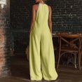 thumbnail image 4 of JULMCOMO Linen Jumpsuits for Women Lace Trim Halter Deep V Neck Summer Jumpsuits Sleeveless Wide Leg Elegant Comfy Loose Fit Rompers Light Green S, 4 of 5