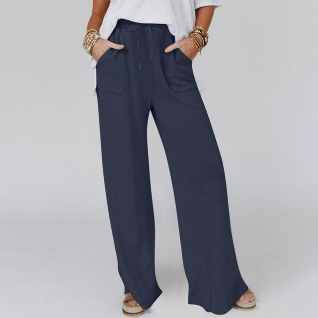BVOFAR Women's Casual Linen Pants Drawstring Wide Leg Pant Loose Drawstring Elastic Waisted Trousers Summer Beach Pants with Pockets 2025