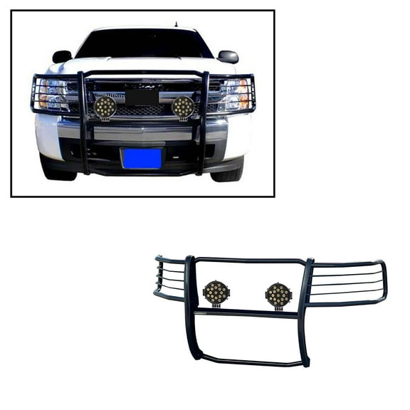 Black Horse Grille brush Bumper Guard Modular Black Come With pair of 7.0"LED Light with Black Trim Rings Compatible with 2007-2013 Avalanche|2007-2014 Suburban 1500|2007-2014 Tahoe-17A037400MA-PLB