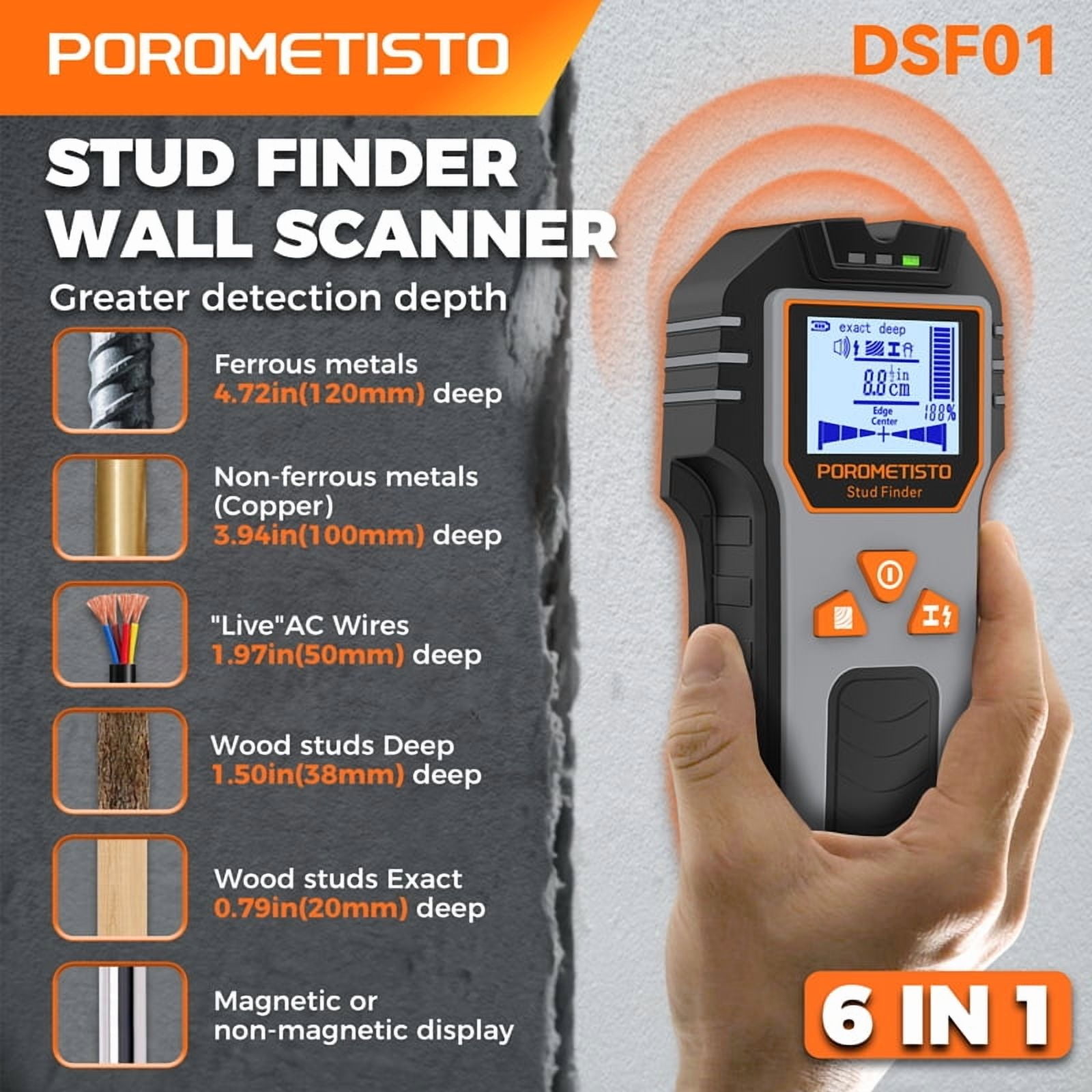 POROMETISTO Stud Finder Wall Scanner 6-in-1 - Live Wire Detector up to 4.7in Deep, Digital Center Finding & LCD Display for Hanging TV, Drywall, Pipes