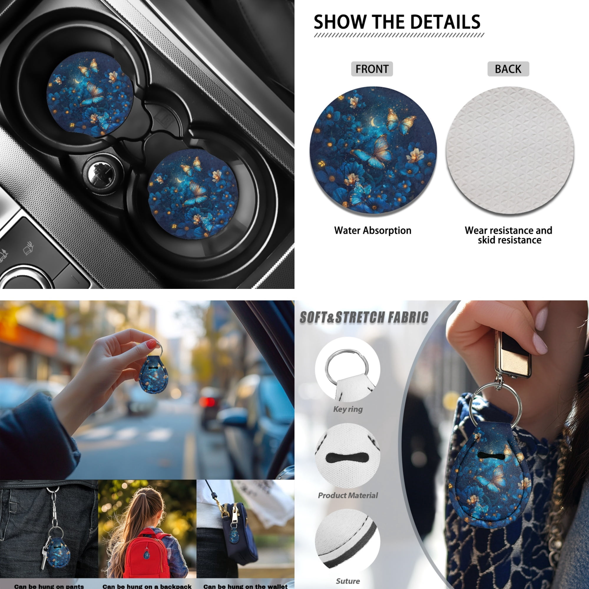 Jeiento Butterfly Car Seat Covers Full Set with Steering Wheel Cover Safe Belt Pads Coasters Center Console Cover Keychain Chapstick Holder Blue 13 PCS Auto Interior Sets Accessory