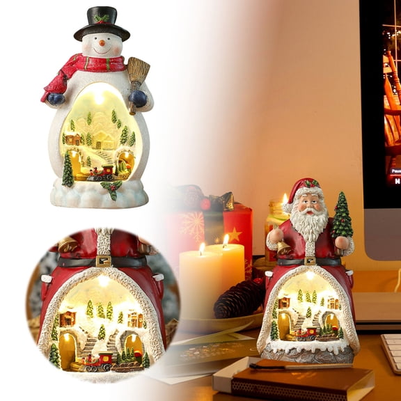 Animated Christmas Tree / Snowman / Santa Train Resin Desktop Ornament, Illuminating & Festive Music Holiday Display (A)