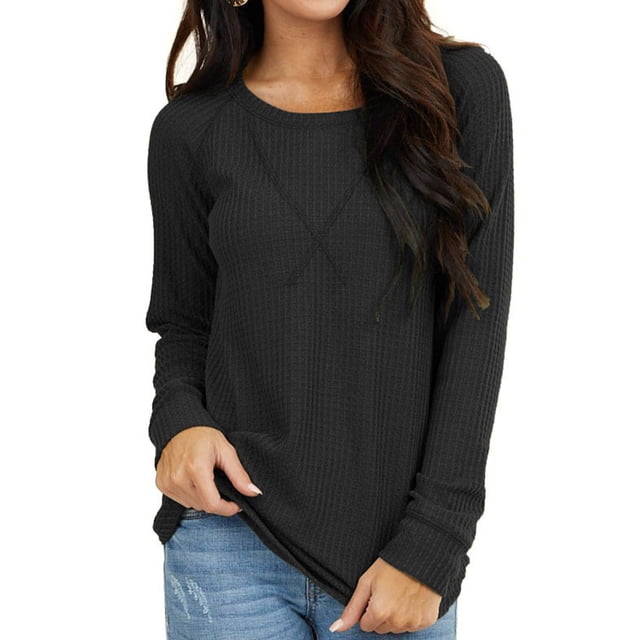 Top de manga larga para mujer, cuello redondo, hombros descubiertos, color puro, ajuste holgado, camisa informal para mujer para citas en el trabajo, negro L