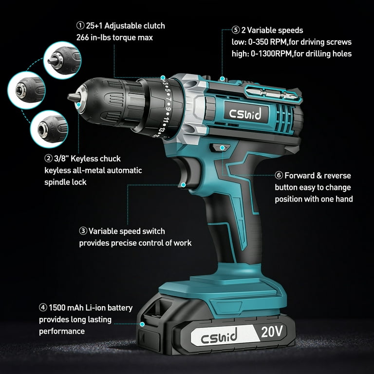 20V Cordless Power Drill Set, Drill Kit with 1 Lithium-Ion
