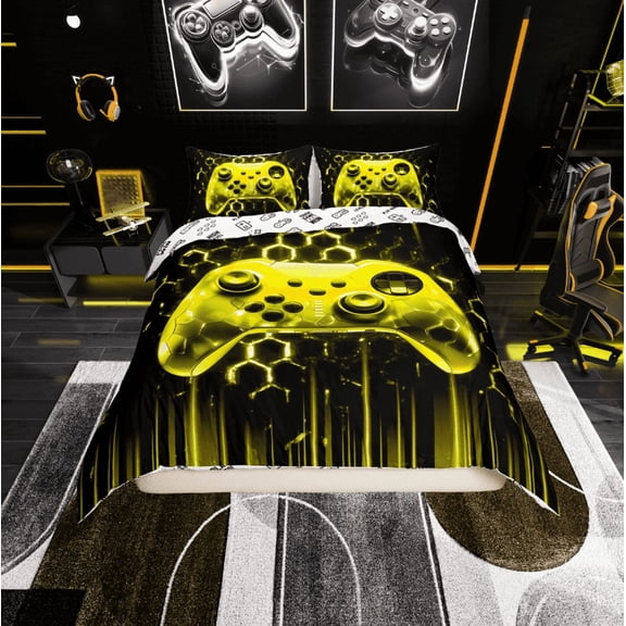 Erosebridal Gaming Gamer Duvet Cover Twin, Video Game Bedding Sets Twin Size, Neon Gradient Gamepad Bedroom Decor, Black Yellow, Reversible 2 Pieces (No Comforter)