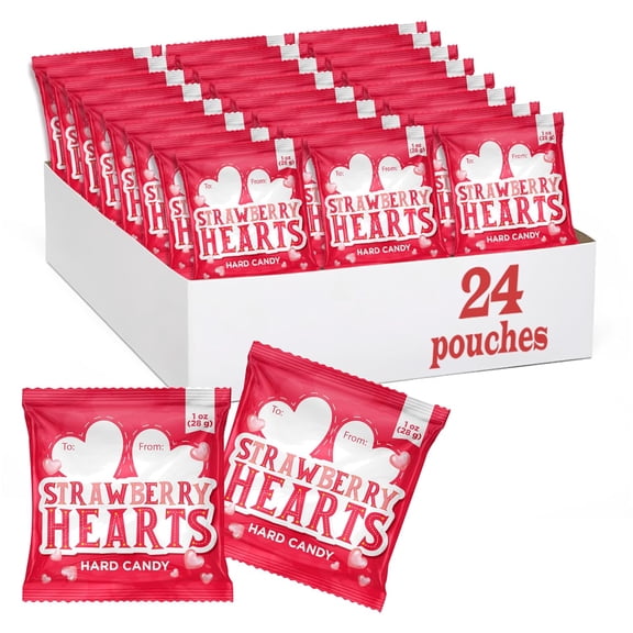 Strawberry Hearts Hard Candy - 24 Packs - Valentines Candy Individually Wrapped