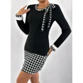 thumbnail image 5 of OYYN Dresses for Women Fashion Black Houndstooth Patchwork Long Sleeve Bodycon Mini Dress Elegant Tie Neck Sheath Dress for Office Work Date Night, 5 of 7