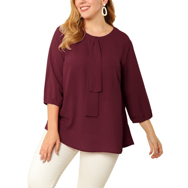 Plus Size Chiffon Top for Women Round Neck Tie Front Ruffle Work Blouse Top Wine Red 3X