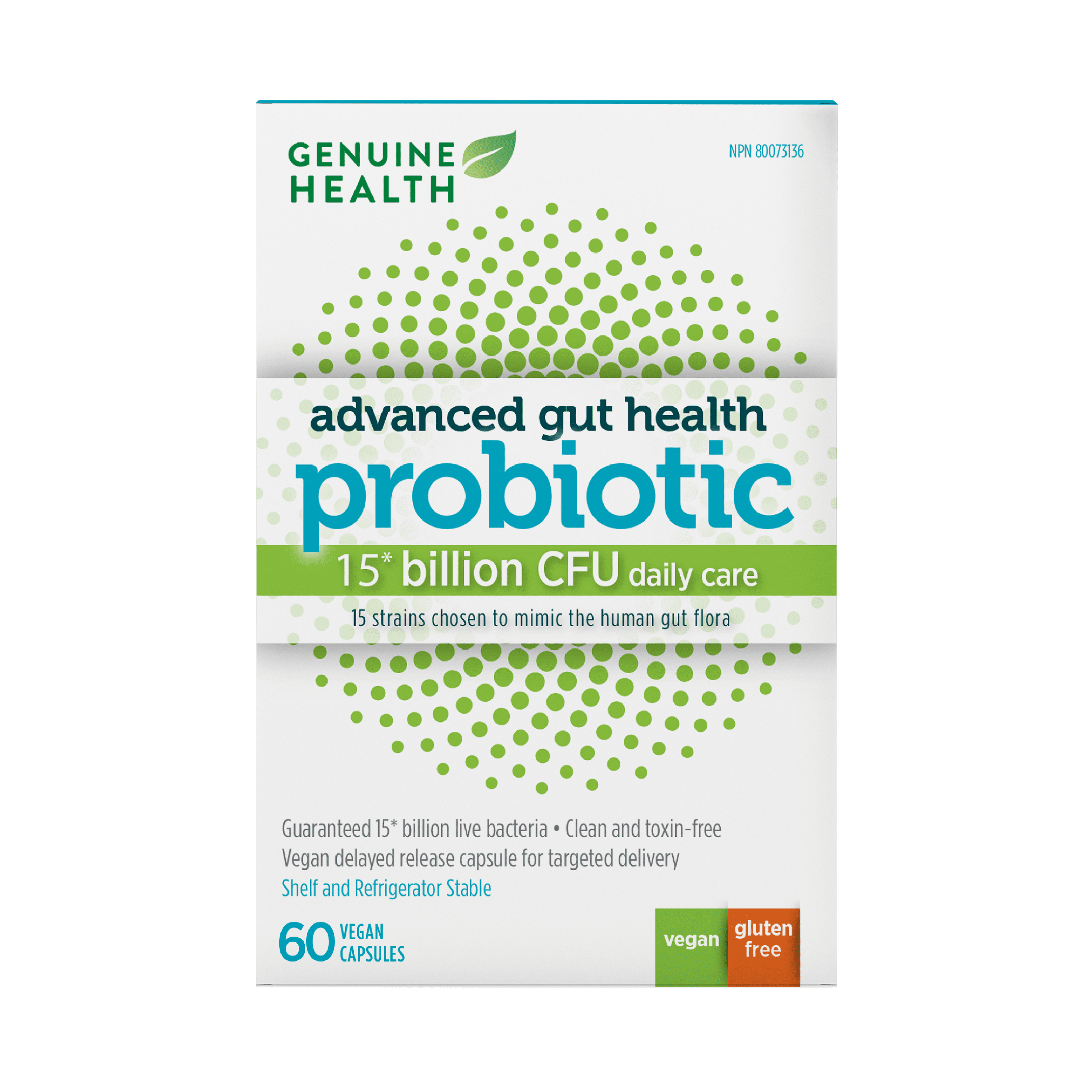 Genuine Health Genuine Health Advanced Gut Health Gentle-Care Probiotic, 60 count-value size, 15 Billion CFU, 15 diverse and balanced strains per capsule, Dairy, soy and gluten-Free, Non-GMO, Vegan