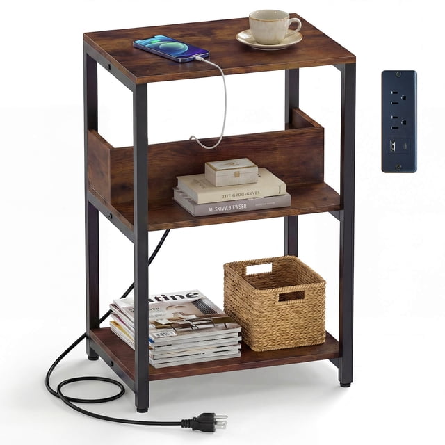 Costway 1 PCS Nightstand with Charging Station, 3-Tier Bedside Table with Open Shelves & Metal Frame Brown