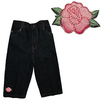 Pink Flower Infant Baby Girl Toddler Denim Woven Indigo Jeans S M L XL