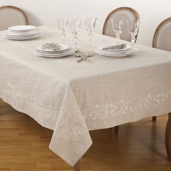 Saro Lifestyle Embroidered Swirl Design Natural Linen Blend Tablecloth 67 x 140 Border, Embroidered, Solid Rectangle