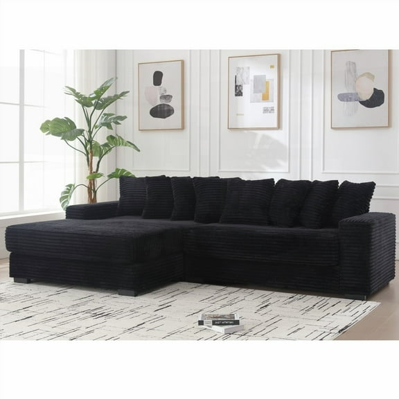 [NEW DELIVERY] [VIDEO PRESENTATION] L Shaped Sofa with Corduroy Fabric, Left Chaise Daybed, Eight Throw Pillows, Easy to Assemble, Black