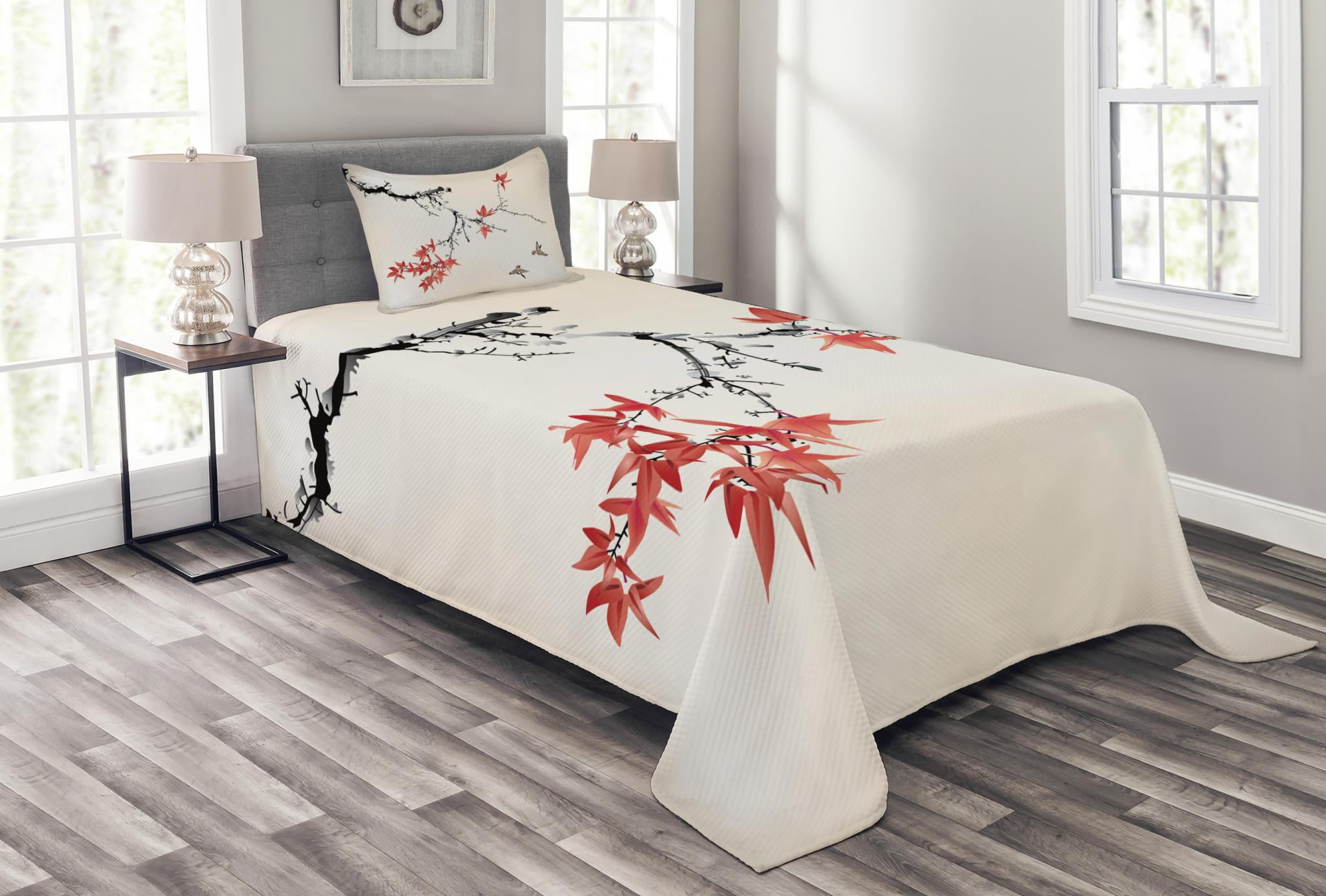 Japanese Bedspread Set, Cherry Blossom Sakura Tree Branches Romantic