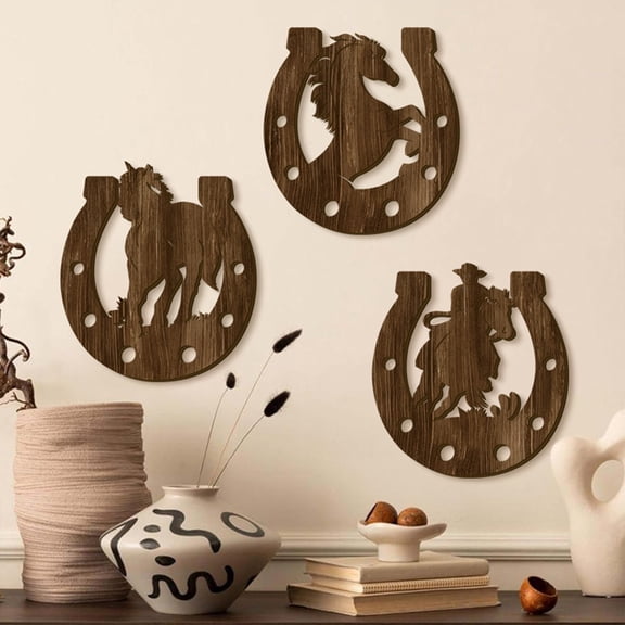 Hometravel Set of Three Wooden Horseshoe Ornaments, Openwork Hanging Decor for Wall, Door, Rustic Farmhouse Accent Piece for Home, Entryway, Western Style Decor