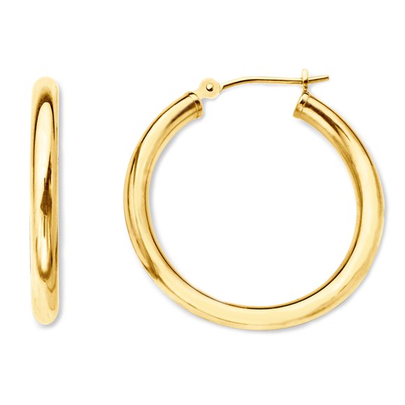 14K Yellow Gold 2MM Shiny Round Tube Hoop Earrings, 30mm