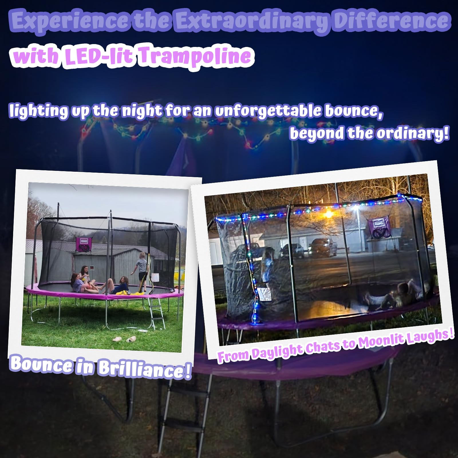 ACWARM HOME 2025 NewTrampoline 15FT Premium Purple Trampoline with Basketball Hoop and LED Lights Recreational Trampolines for Kids and Adults with Net and Ladder