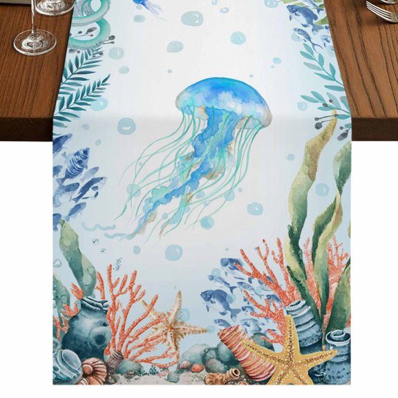 Table Runners 72 Inches Long Dress Scarves, Jellyfish Coastal Farmhouse Kitchen/Dining Table Runner, Coffee Tablerunners, Summer Nautical Starfish Coral Ocean 18x72 Inch
