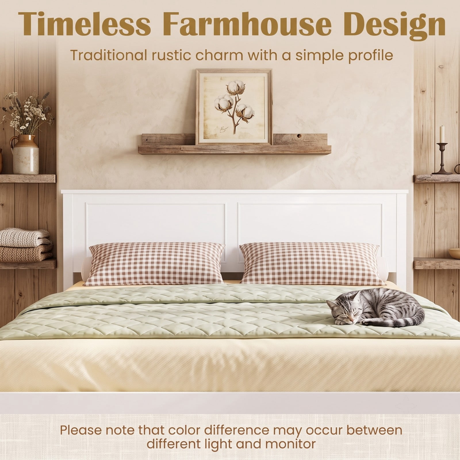Furnibear Full Size Farmhouse Wood Bed Frame Platform Bed with Paneled Headboard and Under Bed Storage for the Bedroom, White