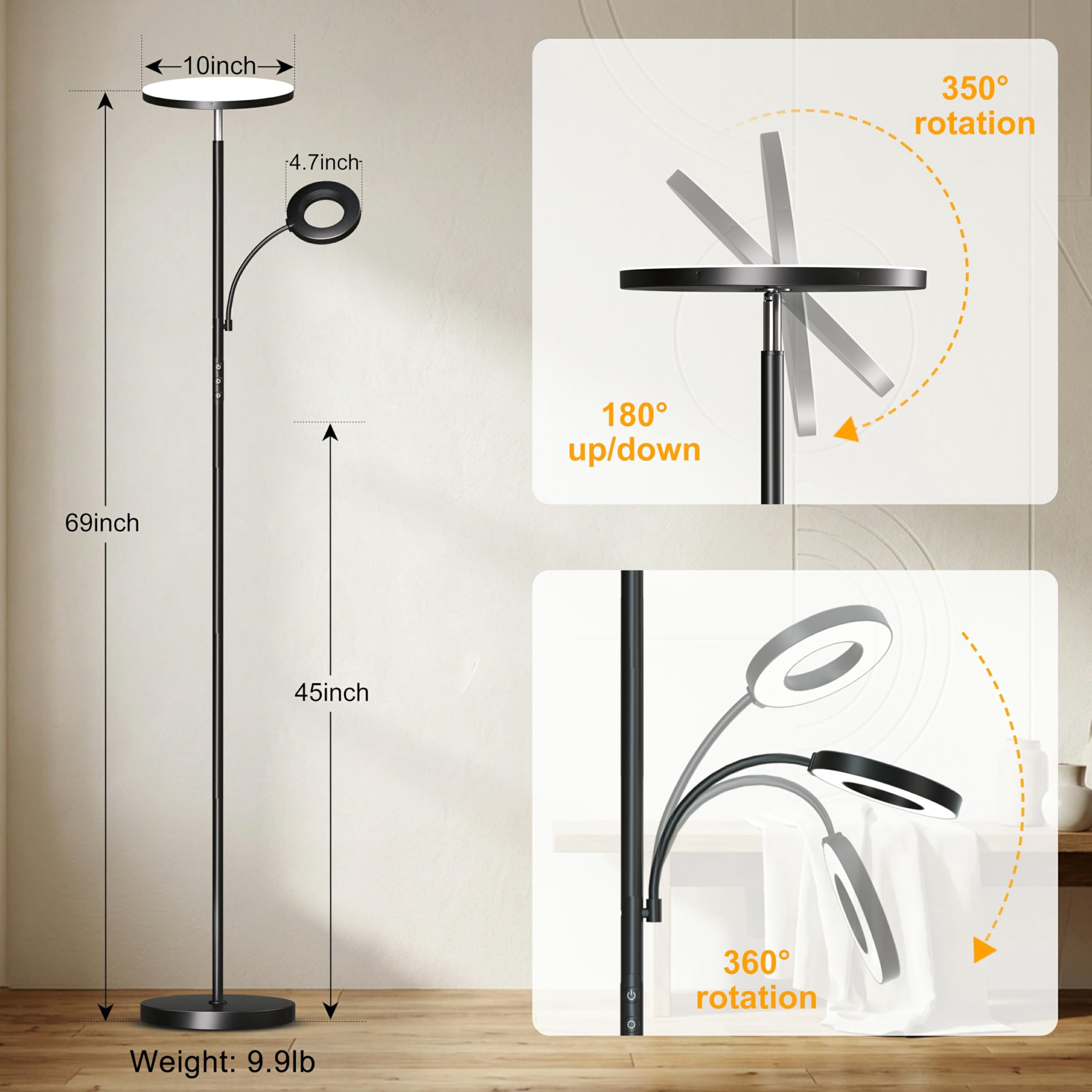 Floor Lamp, Upgraded 42W 4000LM Super Bright LED Floor Lamp for Living Room Bedroom, Dimmable Standing Reading Floor Lamps with Remote & Touch Control