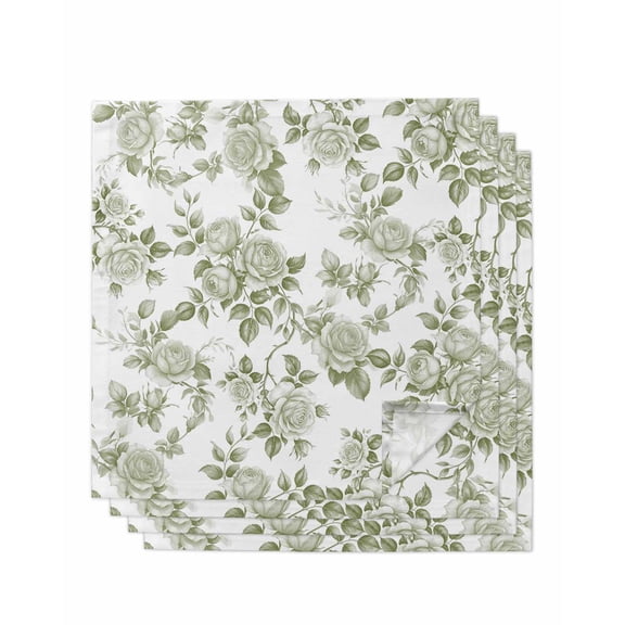 Sage Green Flower Cloth Napkins Set of 4 Reusable Dinner Napkins, Vintage Country Rose Leaf Floral Cocktail Napkin Washable Table Napkins for Wedding/Holiday Party/Baby Shower 20"x20"