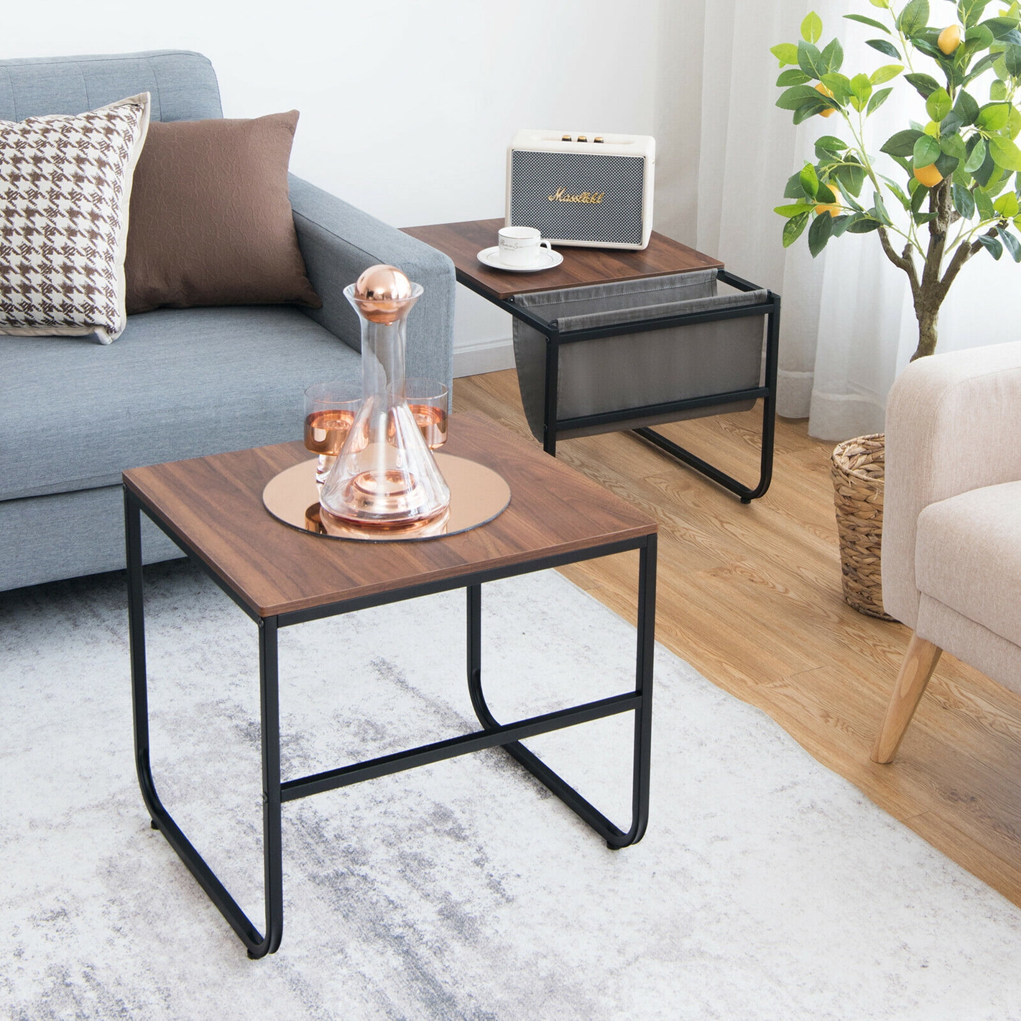 Gymax Set of 2 Nesting Coffee Table Industrial Stackable Side Table w/ Magazine Holder