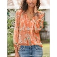 thumbnail image 4 of Estampado de moda, cuello alto, manga tres cuartos, camisa de gran tamaño, camisa plisada suelta Irfora Azul XL, 4 of 4