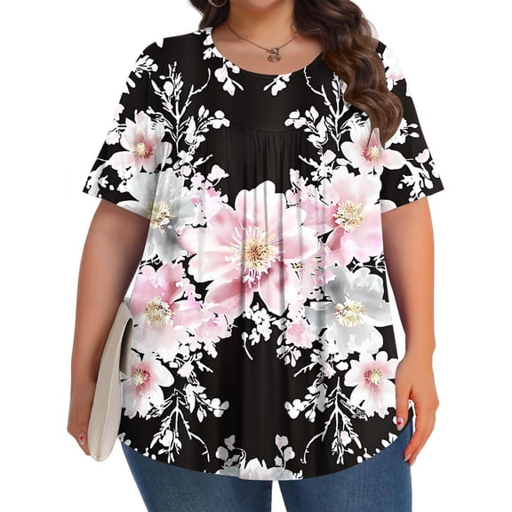 Uootdi Womens Plus Size Tops Crew Neck Short Sleeve Floral Print Blouses Casual Loose Lightweight Soft Comfy Summer Daily Wear Shirts Gift