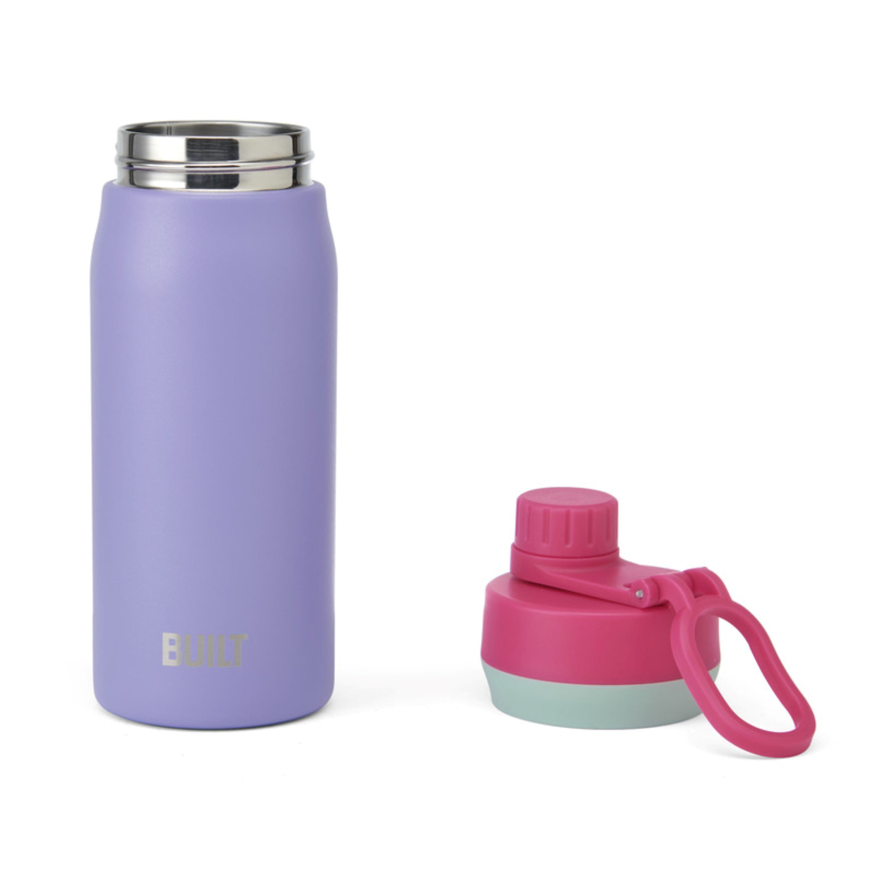BUILT Cascade 16 oz Stainless Steel Kids Water Bottle with Leakproof Flip-Top Chug Lid, Purple
