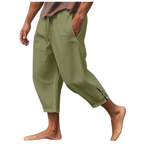 Pantalones de playa lisos con abertura para hombre: algodón y lino, cintura elástica, informales/vacacionales, tallas S-XXXL, cintura de 74-98 cm