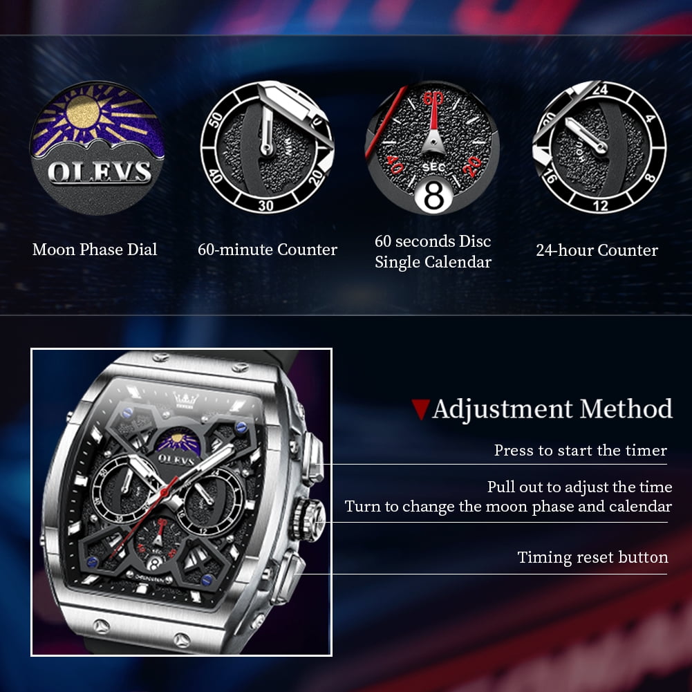 OLEVS Watches for Men Chronograph Waterproof Luxury Dress Quartz Silicon Strap Multifunction Moon Phase Calendar Luminous Men Wrist Watches Reloj Para Hombre Black/Red