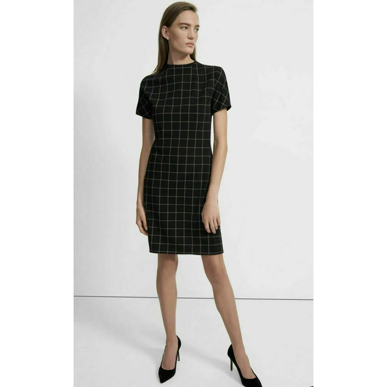 THEORY Windowpane Plaid Shift Dress Size P Black MSRP 375