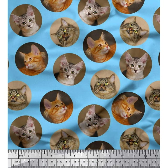 Soimoi Silk Fabric Cat Face Animal Decor Fabric Printed Yard 42 Inch Wide