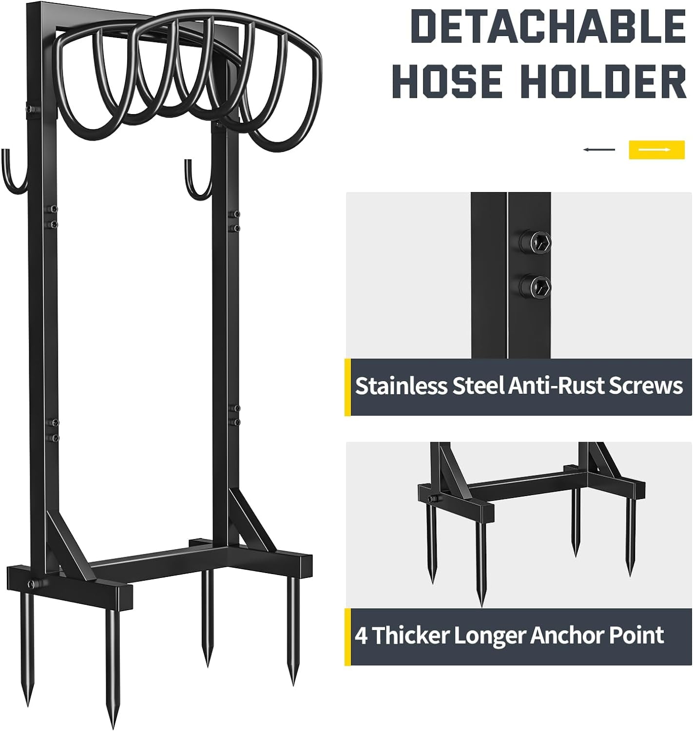 Garden Hose Holder with 4 Spikes & 2 Tool Hooks, Freestanding Water Hose Stand Heavy Duty 2 Hooks Metal Garden Hose Storage Hose Reel Rack for Outside