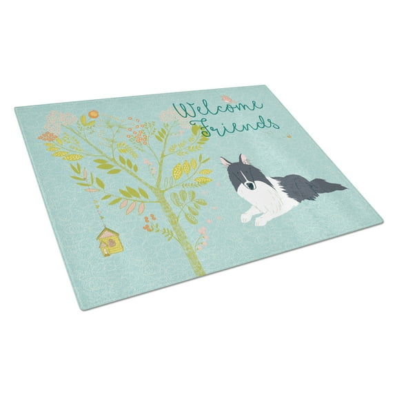 Carolines Treasures Welcome Friends Black White Collie Glass Cutting Board Large 12H x 16W multicolor