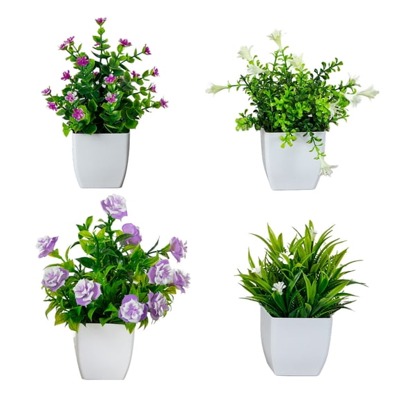7in. Artificial Mini Flowering Potted Plants - Set of 4