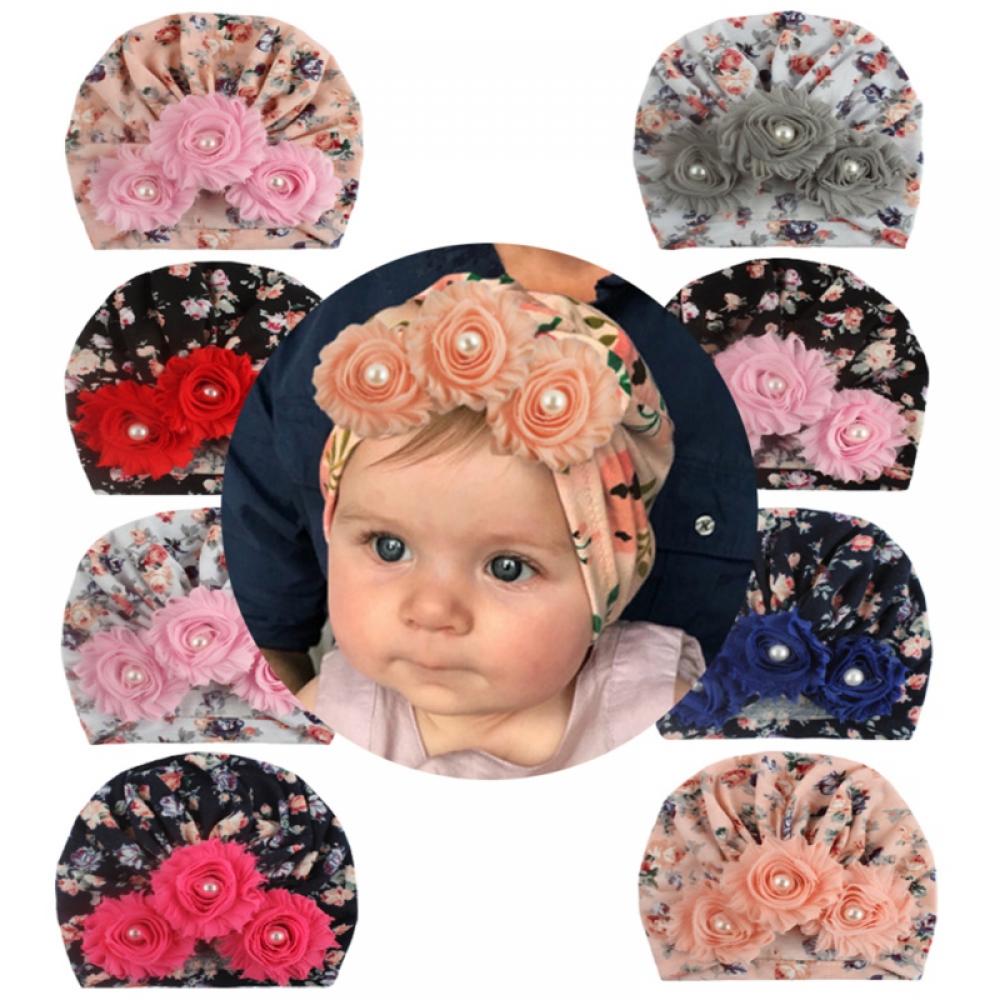 Newborn Baby Flower Pearl Design Girls Caps Infant Hat Turban Elastic