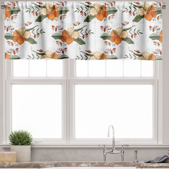 Ambesonne Floral Valance Pack of 2, Detailed Flower Sketches, 54"X12", White Orange Olive Green