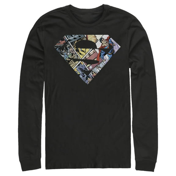 Men's Superman Comic Panel Shield Logo Long Sleeve Shirt Black 2X Large