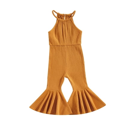 

Qtinghua Toddler Baby Girl Summer Clothes Sleeveless Romper Solid Color Ribbed Bell Bottoms Jumpsuit Bodysuit Outfits
