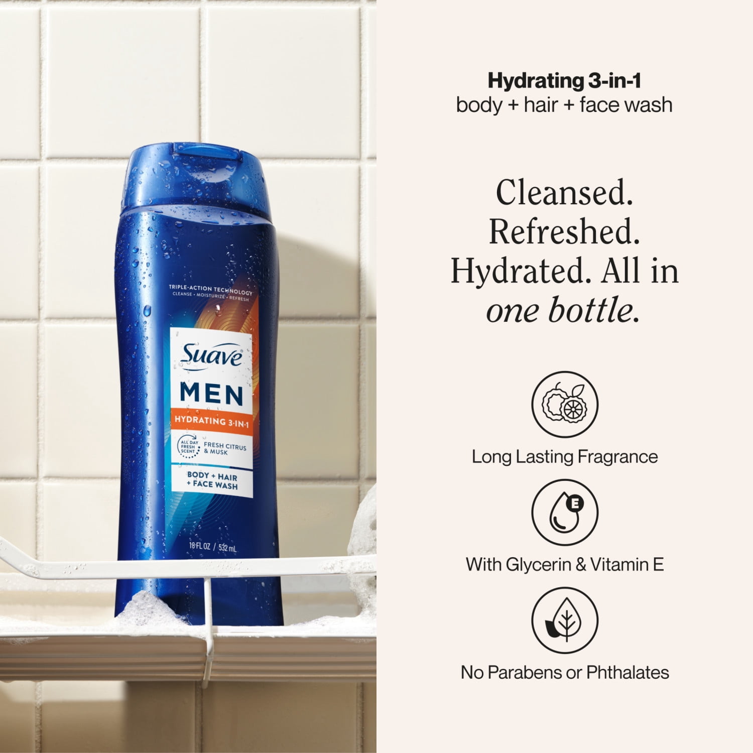 Suave Men Hydrating 3-in-1 Body, Hair & Face Wash with Glycerin and Vitamin E, 18 fl oz
