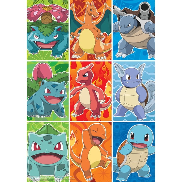 rompecabezas buffalo games pokemon first partner kanto 300 piezas Collage en nueve paneles de los Pokémon iniciales de Kanto: Venusaur, Charizard, Blastoise; Ivysaur, Charmander, Wartortle; Bulbasaur, Charmeleon, Squirtle. Ilustraciones con contornos definidos y fondos con patrones coloridos. Tamaño terminado 21.25 x 15 in; incluye póster a todo color; recomendado para 14 años en adelante.
