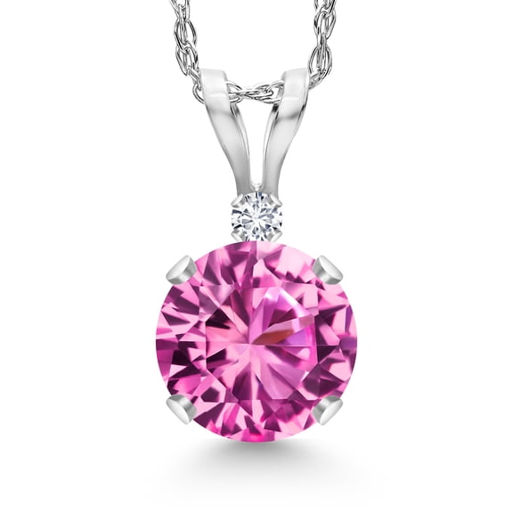Gem Stone King 14K White Gold Pink Created Sapphire and White Diamond Pendant Necklace for Women | 1.02 Cttw | Gemstone September Birthstone | Round 6MM | With 18 inch Chain