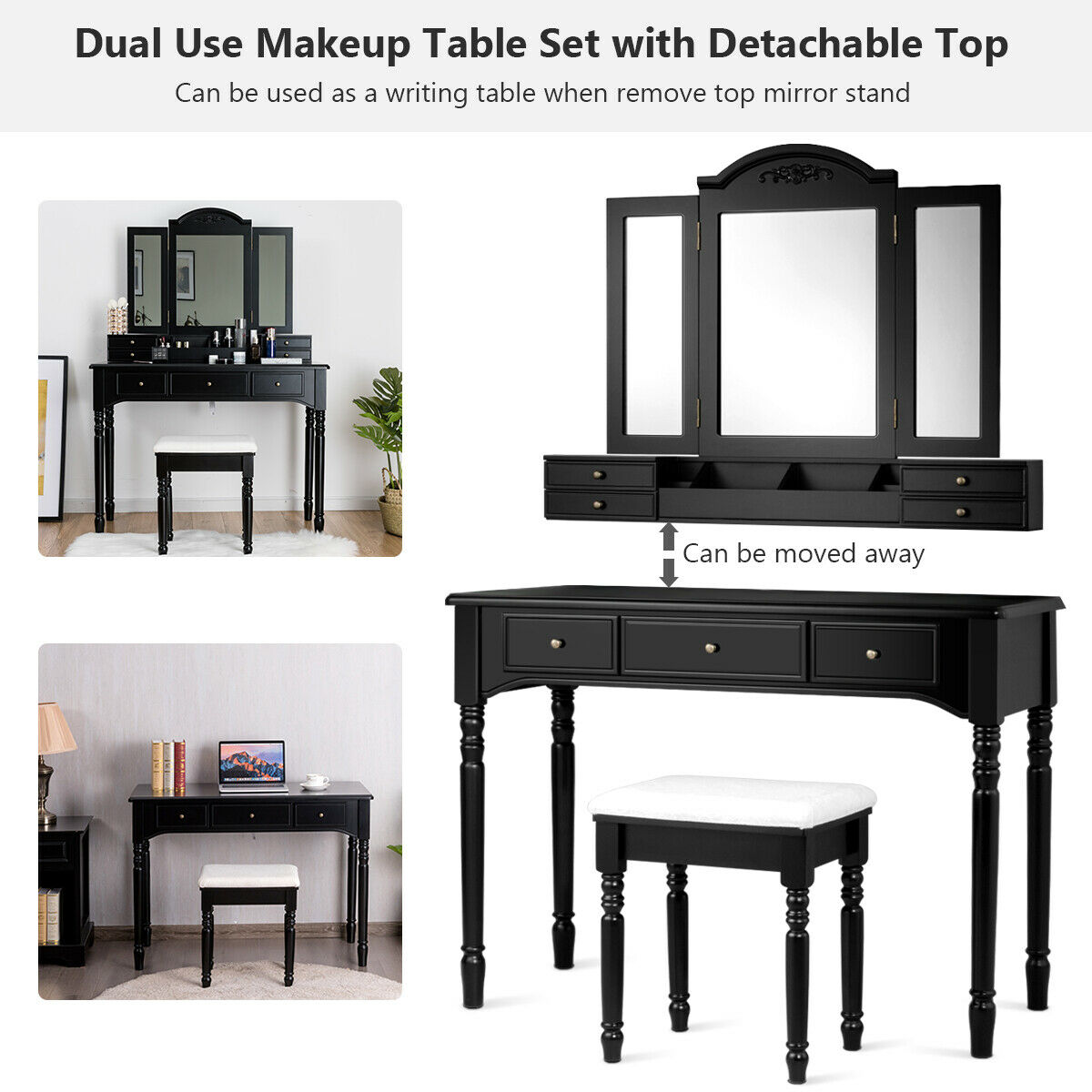 Tri-Folding Necklace Hooked Mirror with 10 Lighted Bulbs Makeup Dressing Table with Cushioned Wooden Stool Easy Assemble,for Beauty and Girls,Black 7 Drawers MUPATER Large Dressing Table Set Tri-Folding Necklace Hooked Mirror with 10 Lighted Bulbs Makeup Dressing Table with Cushioned Wooden Stool Easy Assemble,for Beauty and Girls,Black 7 Drawers MUPATER Large Dressing Table Set
