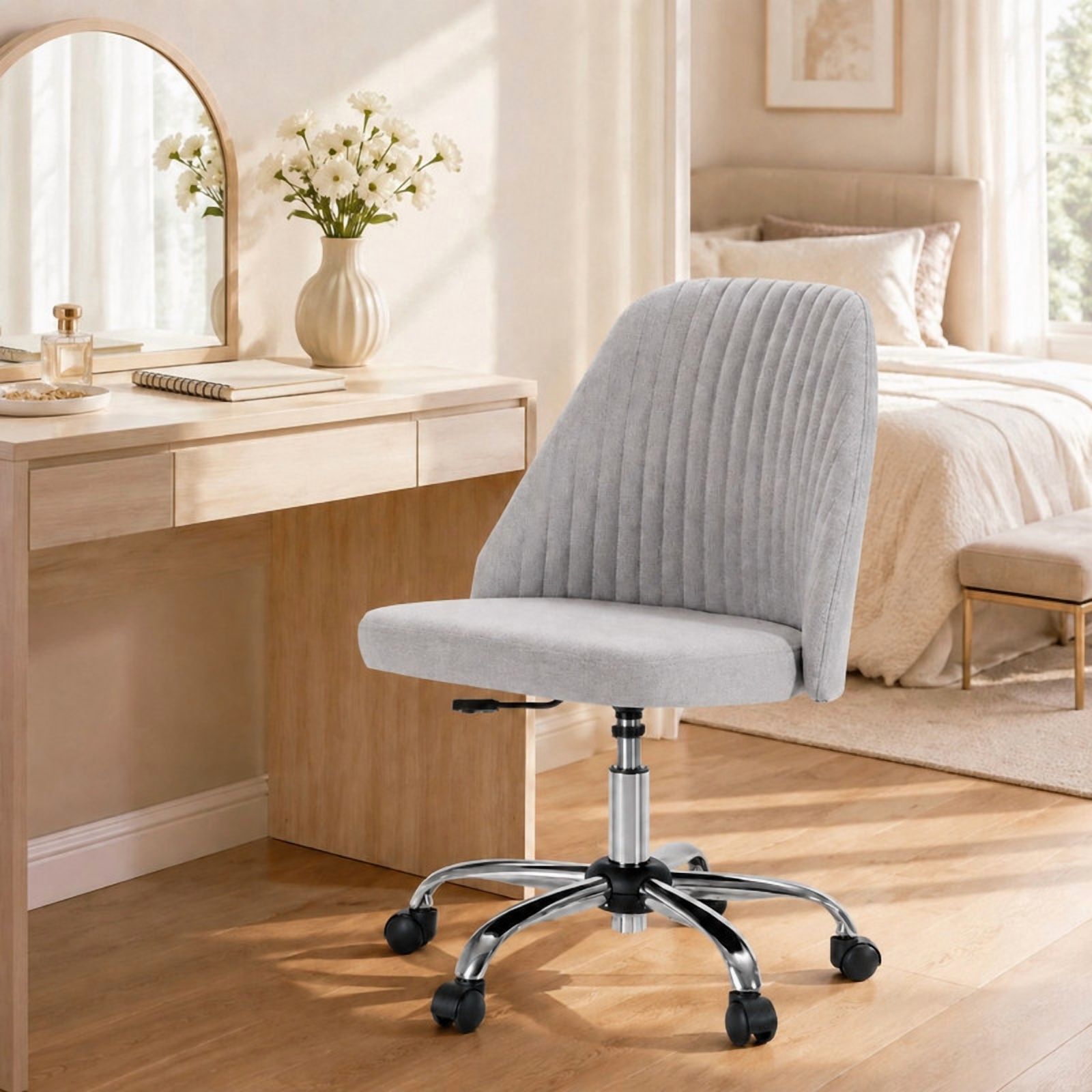 BEAUTYPEAK Armless Vanity Chair Adjustable Swivel Fabric Desk Chair with Padded Seat Wheels Mid-Back Office Chair, Light Gray