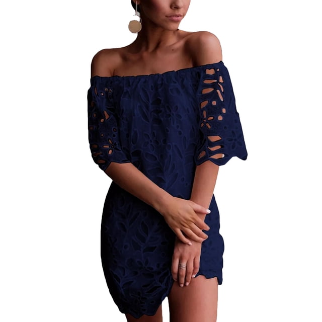 Vestido PRETTYGARDEN Azul Marino Mini con Encaje Floral y Hombros Descubiertos L